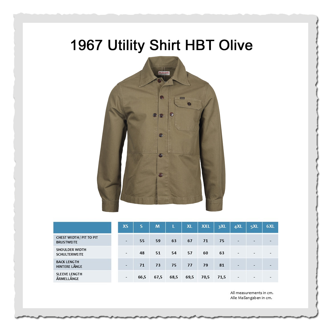 Masstabelle Pike Brothers 1967 Utility Shirt Olive – Vintage-Workwear-Hemd mit Brusttasche und robustem Stoffdesign